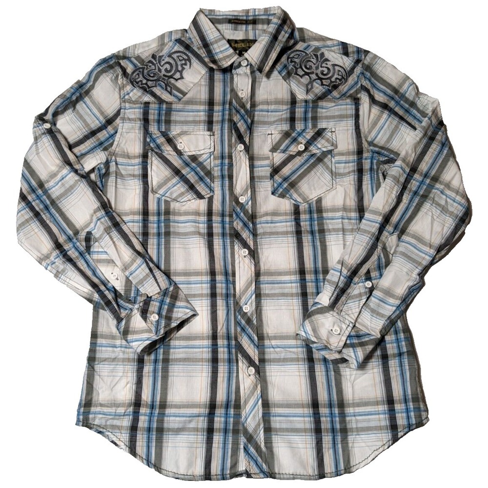 HELIX ATHLETIC FIT Men Medium White Blue Plaid Embroidered Western Shirt NEW